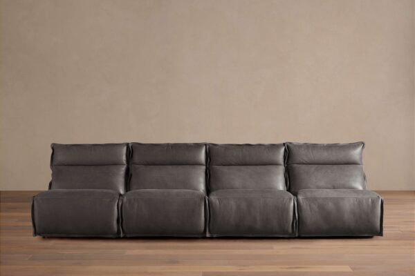 Rowland Leather Four-Piece Armless Motion Modular Sofa in dark brown leather, four recliners aligned, set on wooden floor.