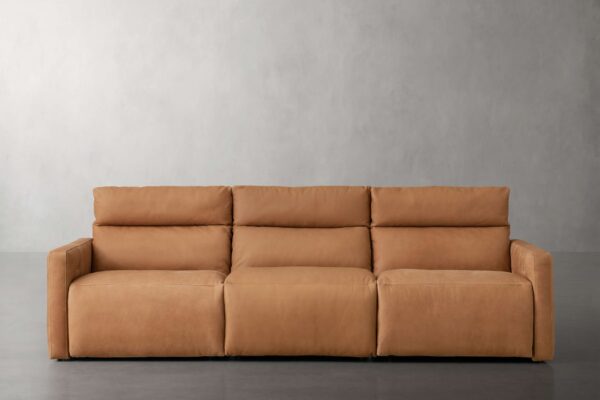 Rowland Tailored Leather Three-Piece Motion Modular Sofa in tan leather, featuring three sections with plush cushions and reclining features.